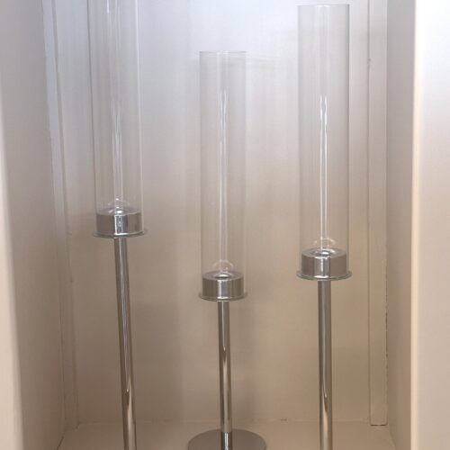 Set of 3 Hurricane candle holders with glass cylinder silver